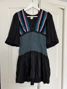 Tufi Duek Black Dress with Teal and Magenta Stripe Accents